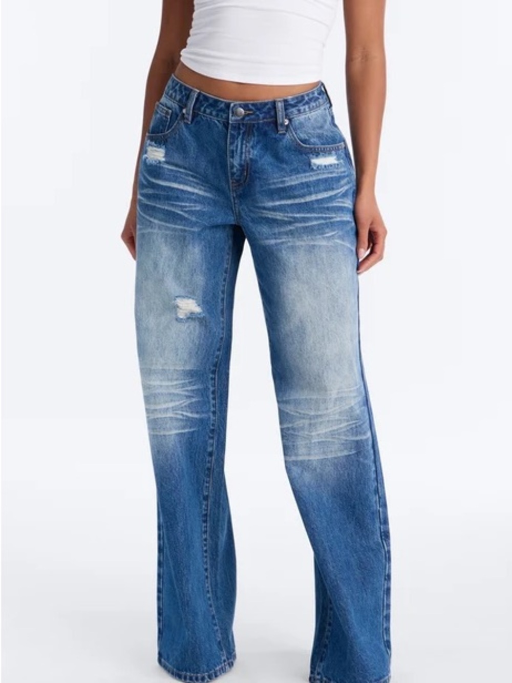 Fashion Nova Women's Straight Leg Distressed Jeans - Blue Wash
